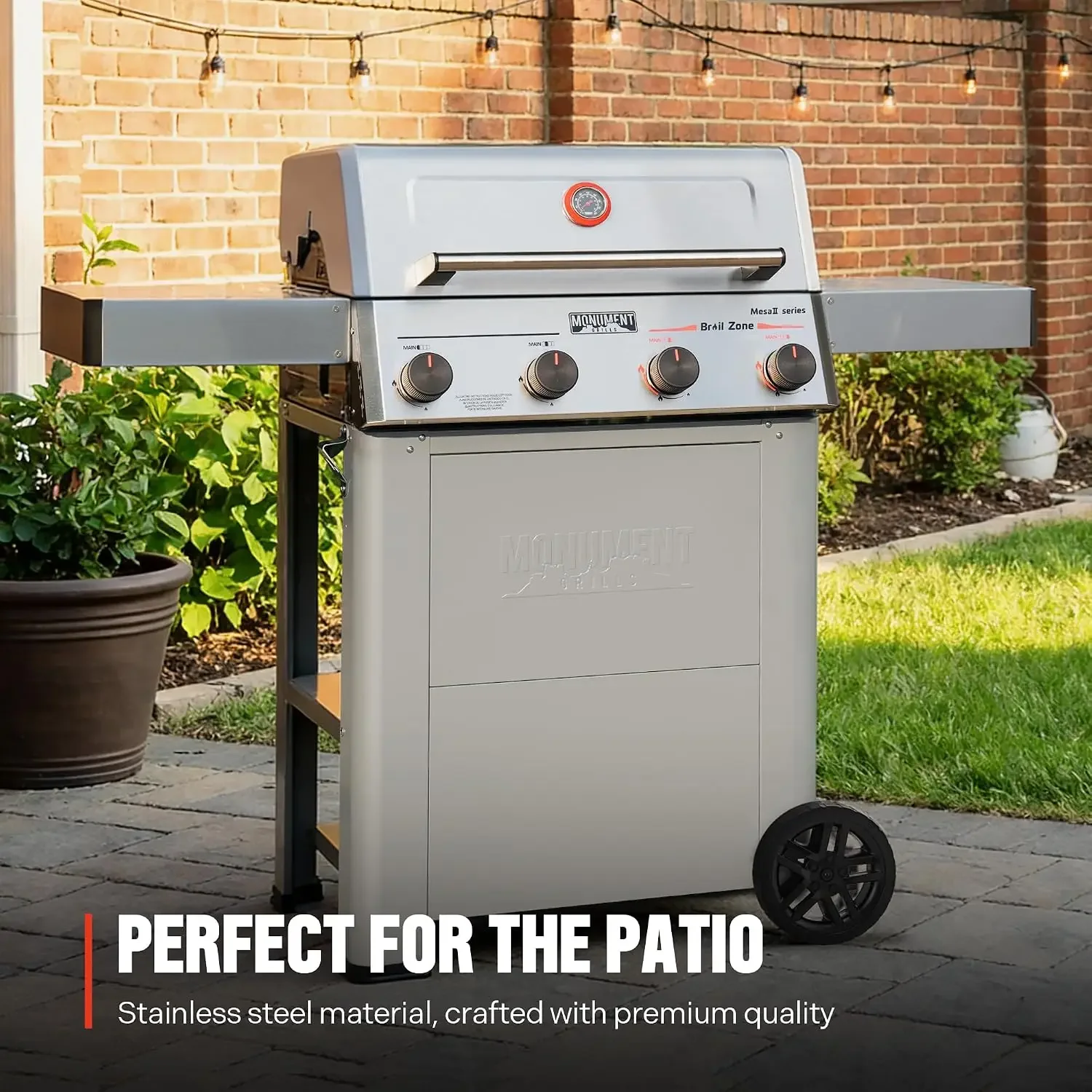 4 Burner Propane Gas Grill with Advanced Broil Zone, Stainless Steel Outdoor Mesa 2 Barbecue Grill, Foldable Side Shelves