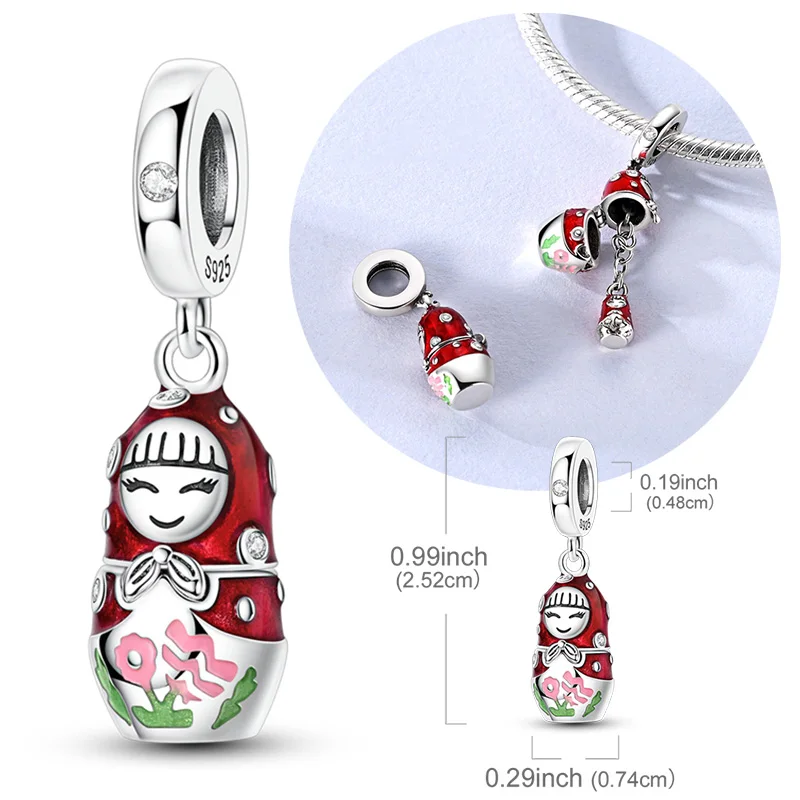 الأصلي 925 فضة سحر الخرزة قابلة للفتح الأحمر الروسية التعشيش دمية قلادة صالح الأصلي سوار قلادة DIY الملحقات #1