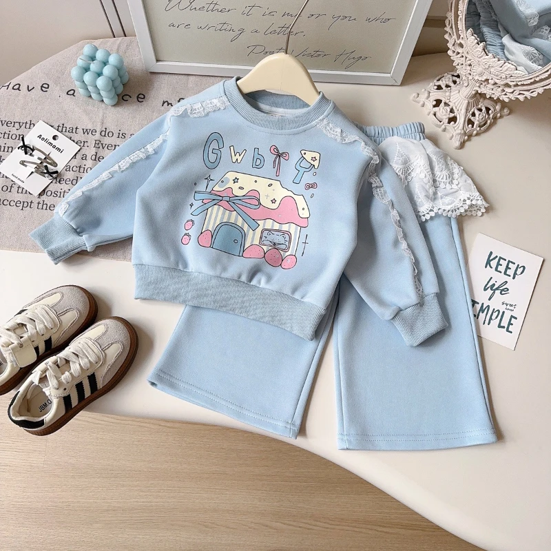 

Girls' Korean Style Set for Spring and Autumn, New Fashionable Printed Hoodie for Girls+mesh Splicing Pants Two-piece Set