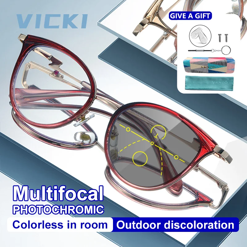 VICKI Fashion Новые геометрические круглые прогрессивные мультифокальные женские очки с защитой от синего излучения и фотохромными линзами, с возможностью индивидуального заказа по рецепту.