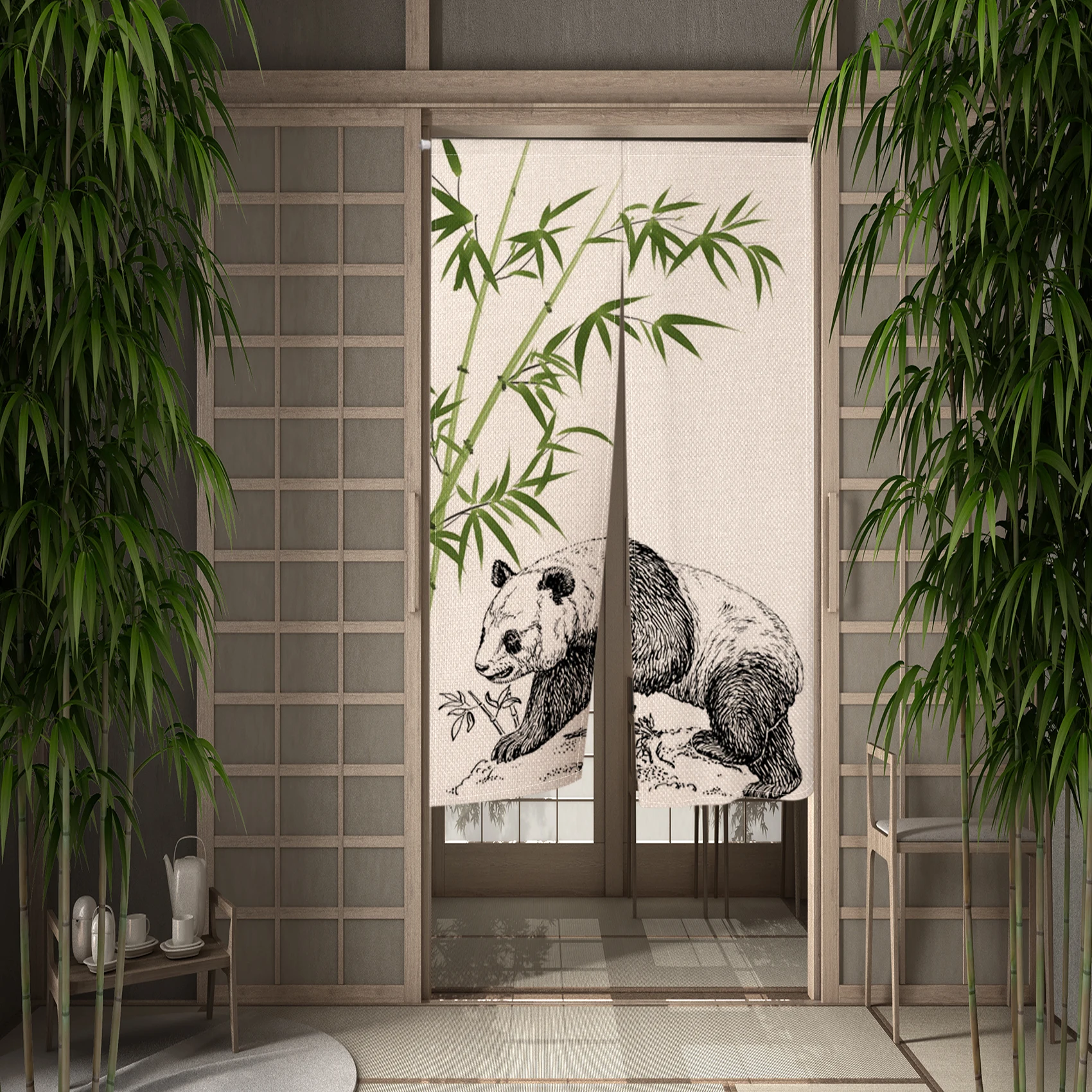 Cute Panda Japanese Door Curtain Traditional Bamboo Painting Linen Curtains Kitchen Bedroom Partition Decoration Half Curtain
