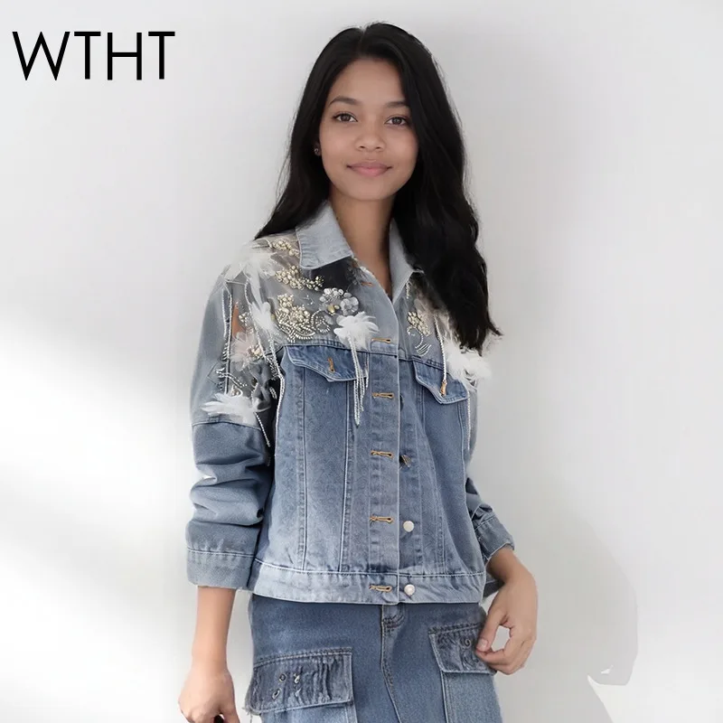 

WTHT модная новая женская джинсовая куртка с 3D кружевом и жемчугом и кисточками, осень 2022, модное женское пальто с длинными рукавами с лацканами 1LS2239