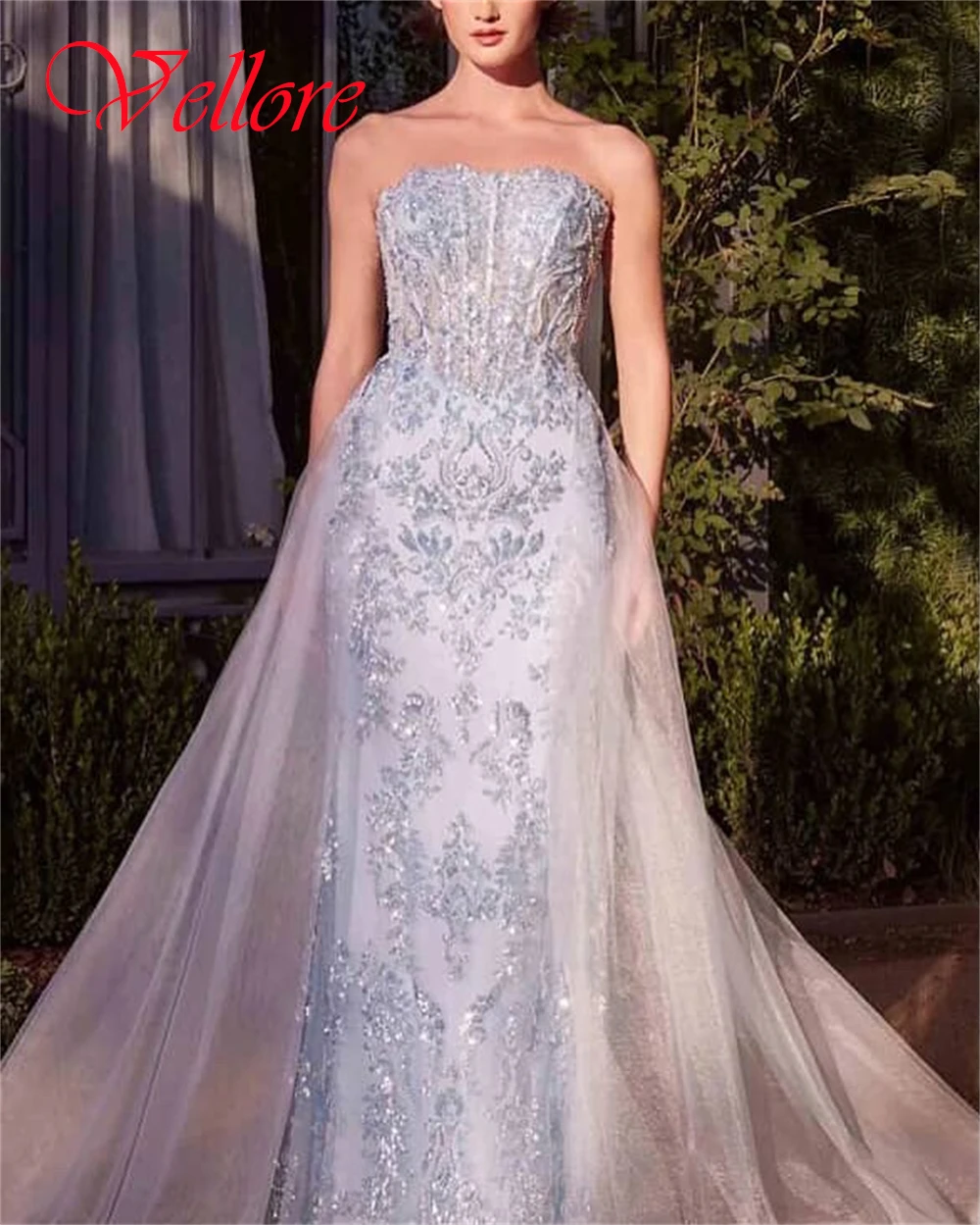 Customized Exquisite silver Organza Evening Dress Delicate Strapless Sleeveless Homecoming Dress Fashion Lace Up Back Prom Dress