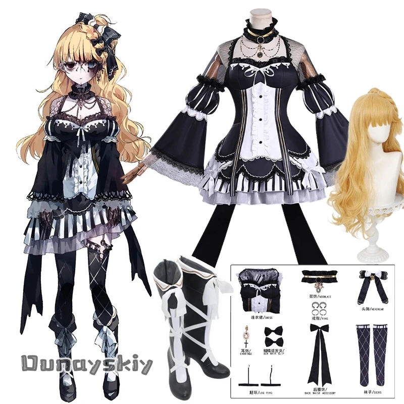 

Yumekiri@Magical Girl Saeki Milia Witch Trial Cosplay Costume Black Lolita Dress Bow Headwear Blonde Wig Prop Halloween Disguise