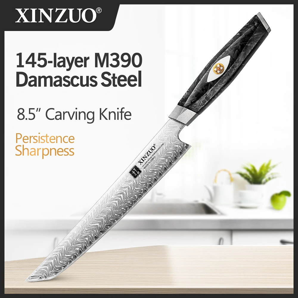 

XINZUO 8.5 Inches Carving Knife 145 Layers M390 Damascus Steel Stainless Steel Böhler Official Heat Treatment Golden Angle