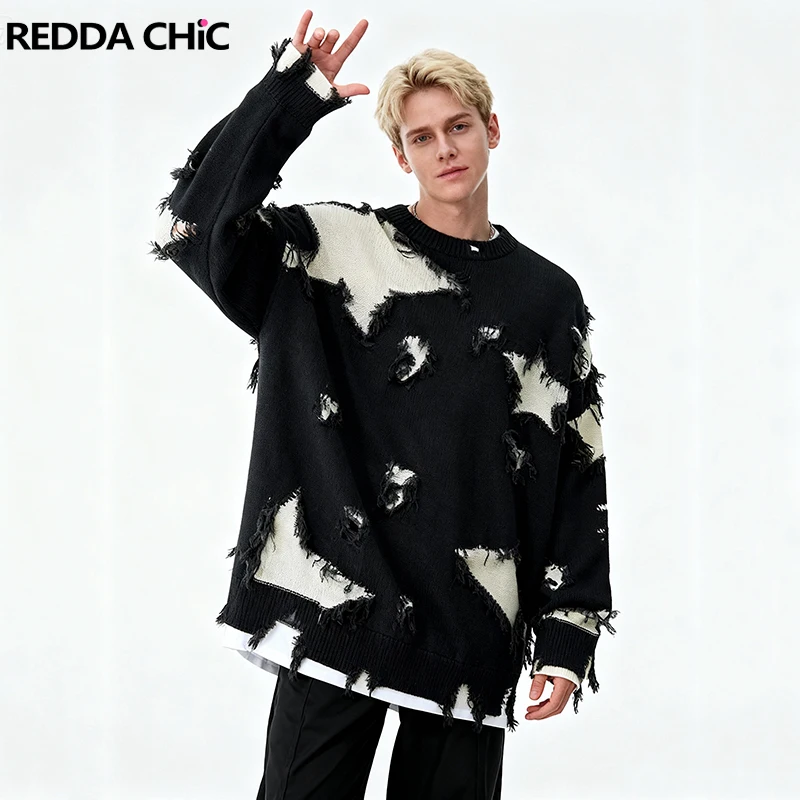 

REDDACHIC Star Raw Edge Men's Pullover Sweater Big Size Holes Double Layered Crew Neck Oversize Jumper Top Y2k Hiphop Streetwear