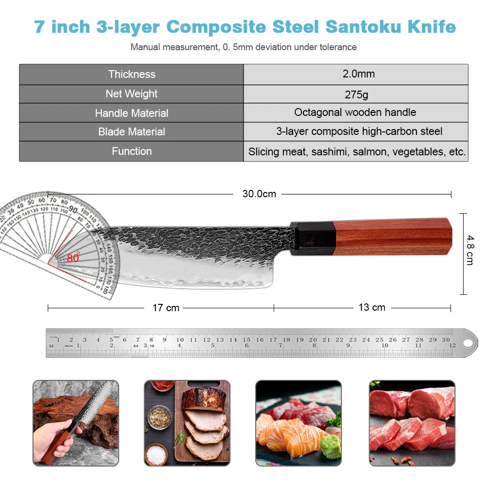 

Японский 7-дюймовый нож Santoku, трехслойный композитный стальной острый кухонный нож для мяса и овощей, восьмиугольная деревянная ручка