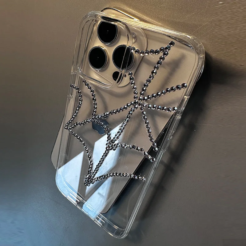 Spider web drill for Apple 15Pro case iphone 15promax advanced feeling 14Promax new handmade 12Pro transparent 13 simple couple