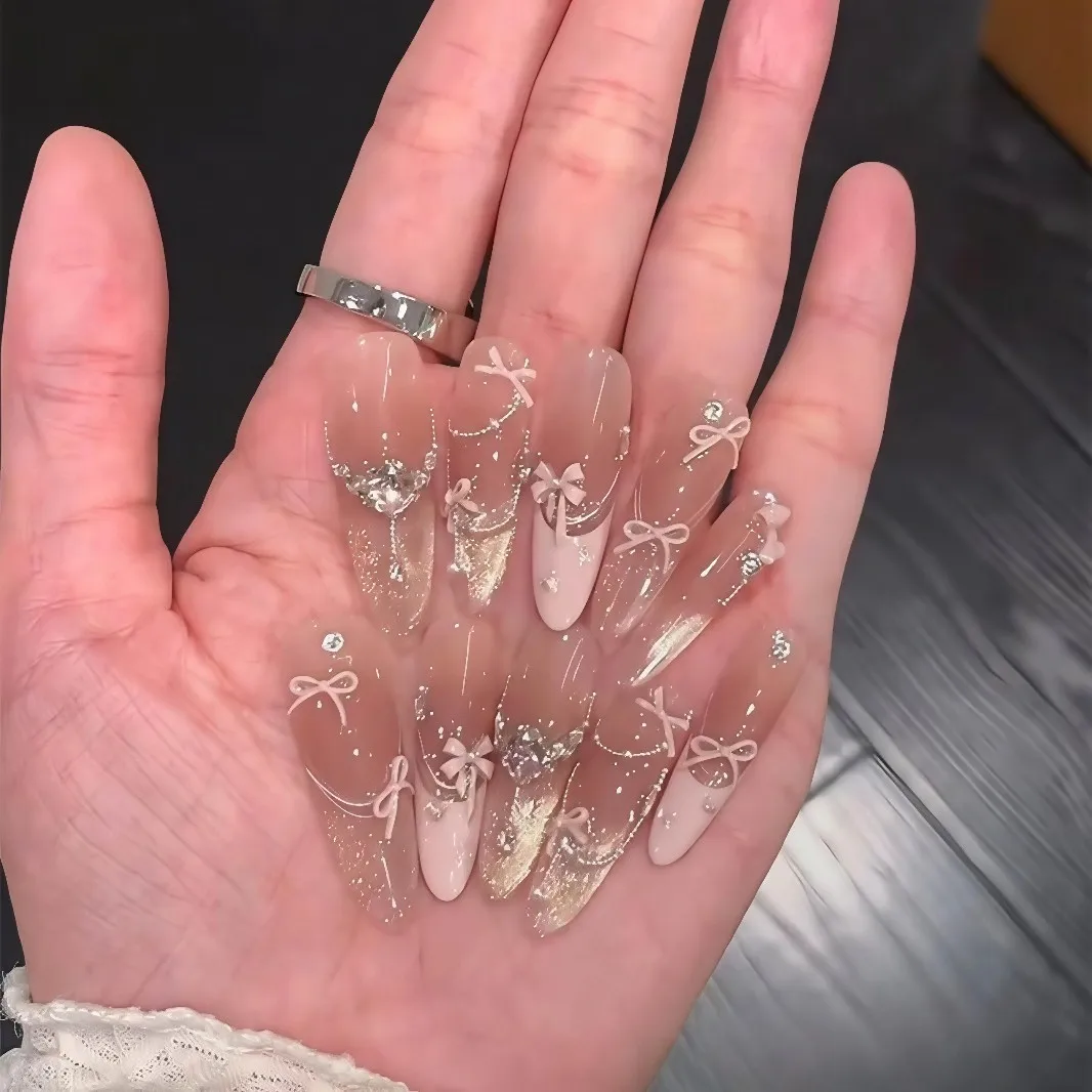 10Pcs Glitter Cat Eye Press on Fake Nails with Diamond Sequins Gradient False Nails Long Almond Artificial Nails Nude Nail Tips