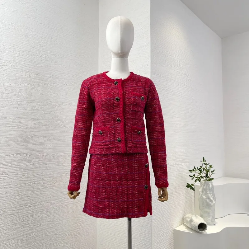 Women\'s Red Winter 2024 High Quality Knitting Elegant Vintage New Fashion Ladies Arrivals Cardigan and Skirt Set