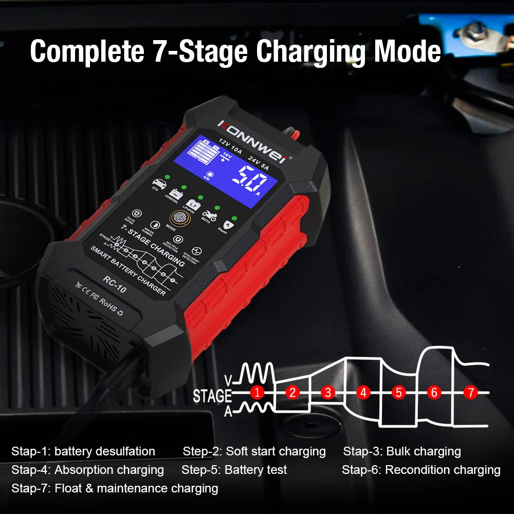 KONNWEI RC-10 12V 10 A  24V 5A Car Battery Charger Full Automatic Fast Charging Pulse Repair Battery Charger Lead Acid AGM Gel