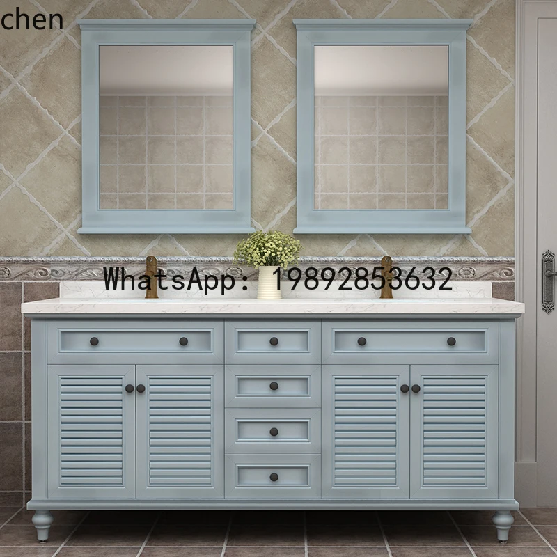 

double basin solid wood bathroom cabinet combination floor-to-ceiling light luxury louver door bathroom washbasin cabinet