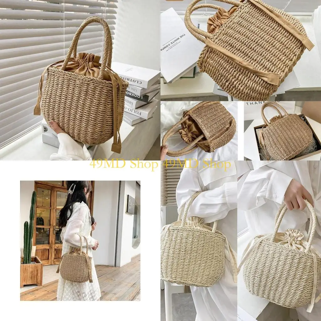 

49MD Women Summer Woven Straw Beach Bag Vintage Drawstring Handbag Boho Basket Purse