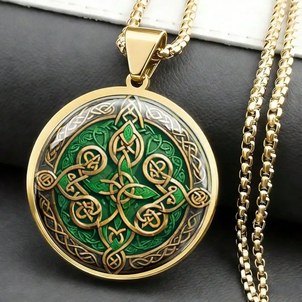 1 Piece Celtic Knot Green Pendant Necklace, Irish Triquetra Gold Plated Jewelry, Perfect Gift For Men Daily Wear