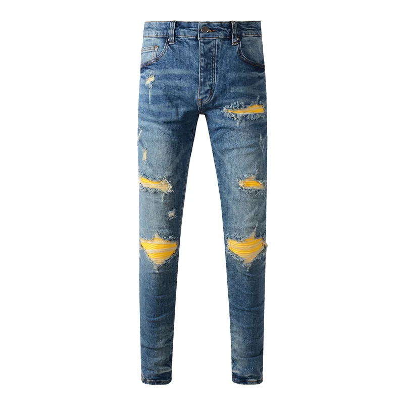 

High Street Fashion Men Jeans Retro Blue Stretch Skinny Fit Ripped Jeans Men Yellow Leather Patched Designer Brand Denim Pants