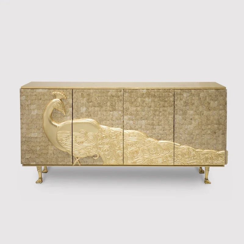 

yj7 Nordic light luxury solid wood gold peacock carved decorative cabinet Italian side storage TV cabinet
