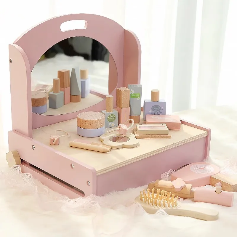 

Play House Puzzle Interactive Toys High Quality Wooden Dressing Table Comb Hair Drier Eye Shadow Lipstick Baby Birthday Gift
