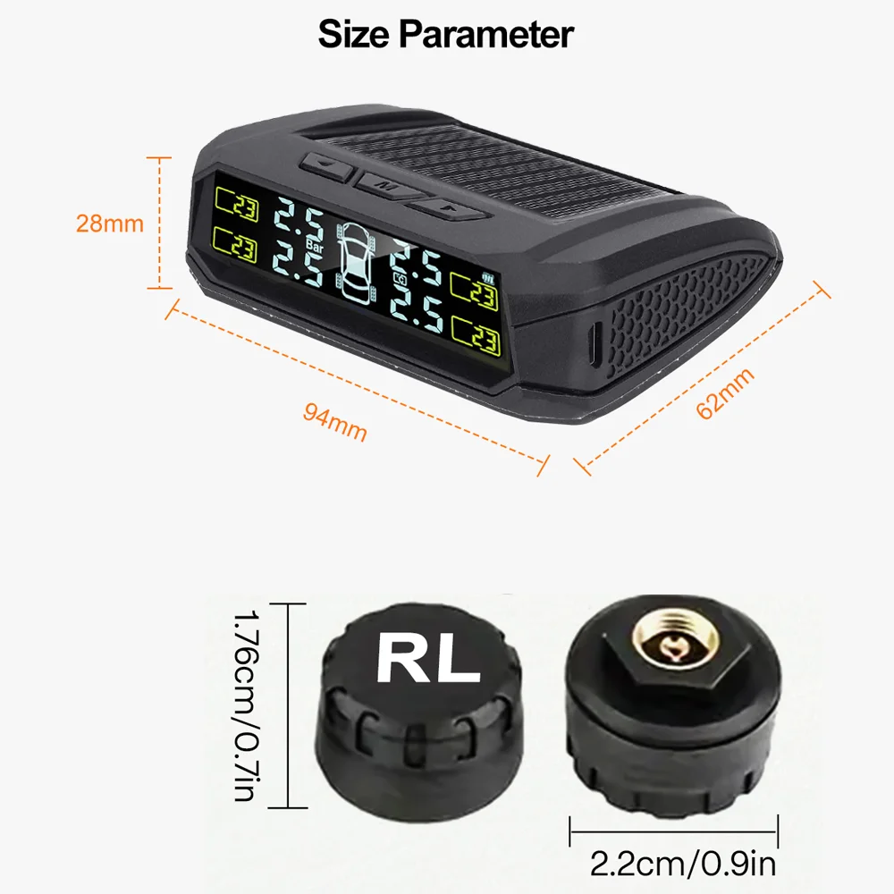 Solar-Powered Tire Pressure Monitor with 5 Alarm Modes and Color Display for Tire Pressure Detection