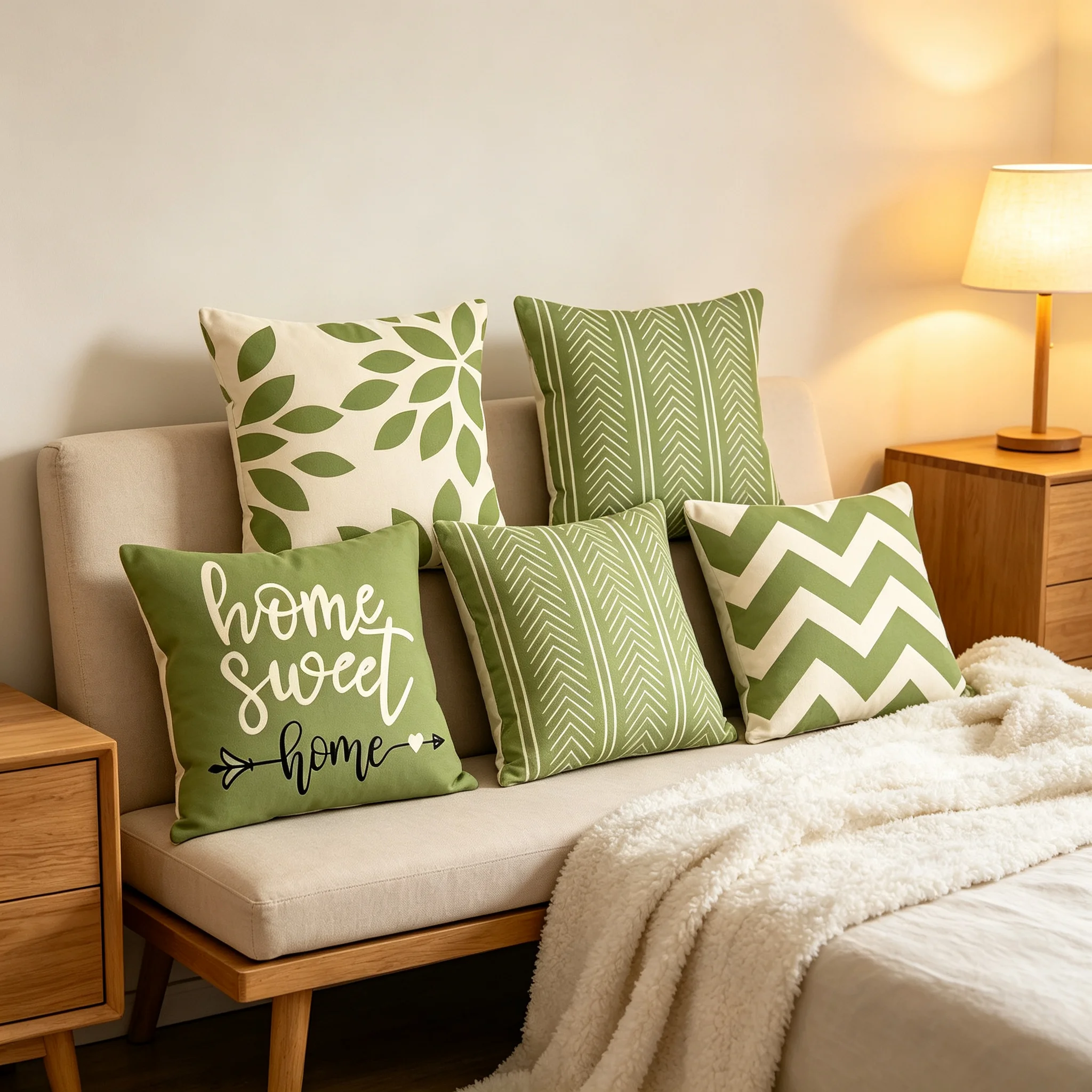 4Pcs Sage Green Throw Pillow Covers Leaf Geometric Chevron Home Sweet Home Cushion Cases Farmhouse Sofa Living Room Home Decor
