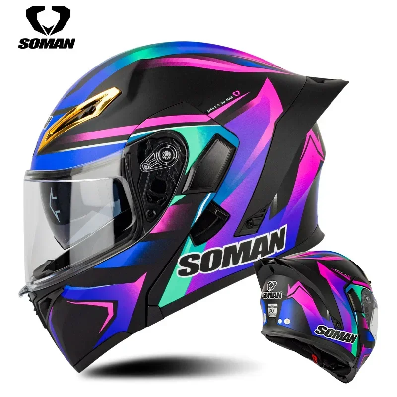 SOMAN Motorcycle Helmet Men Women Double Slice Mirror Large Tail Helmet Four Seasons Riding Breathable Full Helmet ABS Material