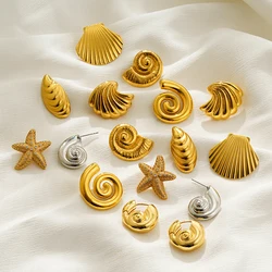 Fashion Gold Plated Stainless Steel Texture Conch Shell Stud Earrings for Women Zircon Starfish Statement Earring Jewelry Bijoux