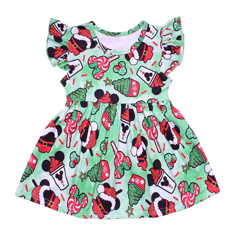 Girls Christmas Flutter Dress Green Red Cartoon Pattern Printed Mickey Christmas Kids Girls Clothing Soft Milksilk Dresses