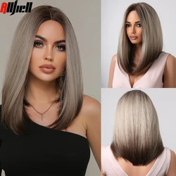 Brown Ash Blonde Straight Synthetic Wig for Black Women Ombre Brown Medium Length Party Cosplay Hair Heat Resistant Natural Wigs