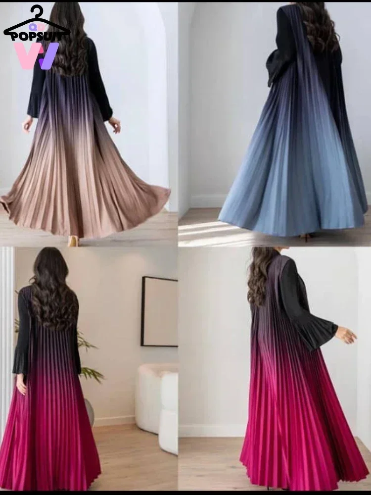 New in Autumn Women Cardigan (LENGTH:142CM) Cloak Gradient Pleated Windbreaker Flare Sleeve Gradual Color Long Trench Coat Dress