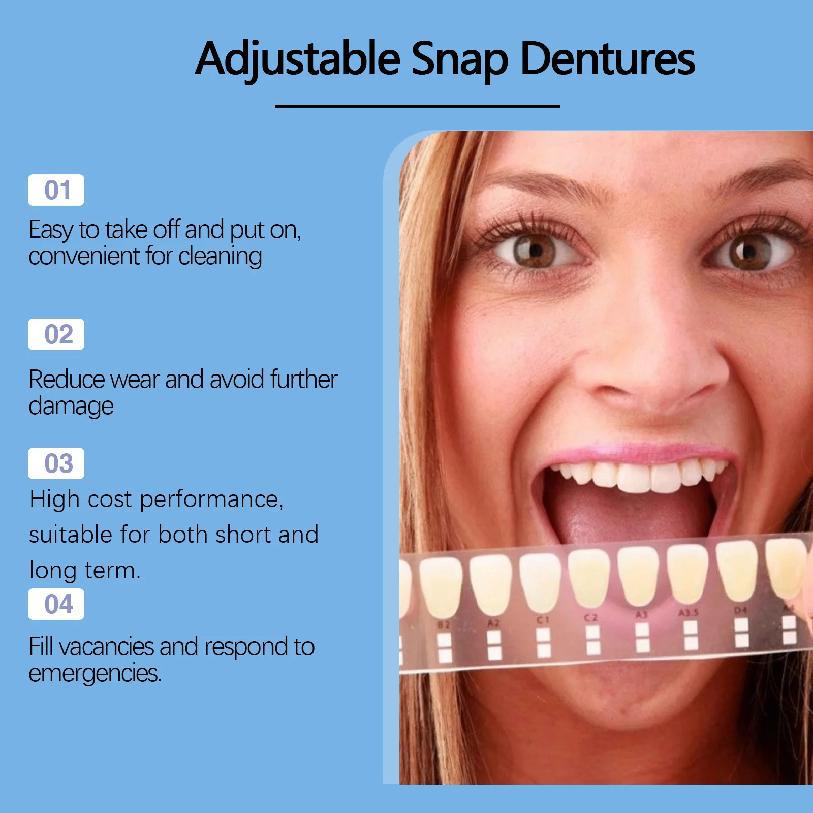 

Adjustable Snap On Dentures For Missing Teeth Filling Repair Broken Reduce Interdental Spaces Upper and Lower Fake Dental Braces