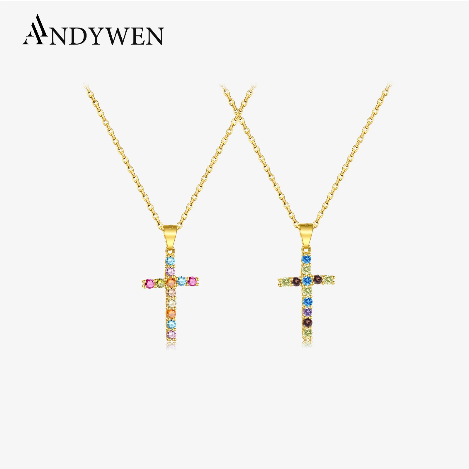 ANDYWEN 925 Sterling Silver Gold Clear Zircon Cross Pendant Necklace Long Chain Luxury Clip Wedding Rock Punk Sunmmer Choker