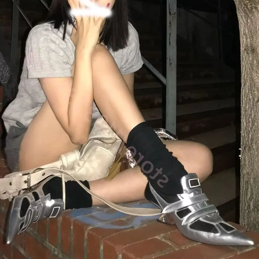 

2026 New Silver Metallic Pointed Toe Heels Buckle Strap Futuristic Style Pumps Breathable Mesh Patchwork Party Shoes for Women