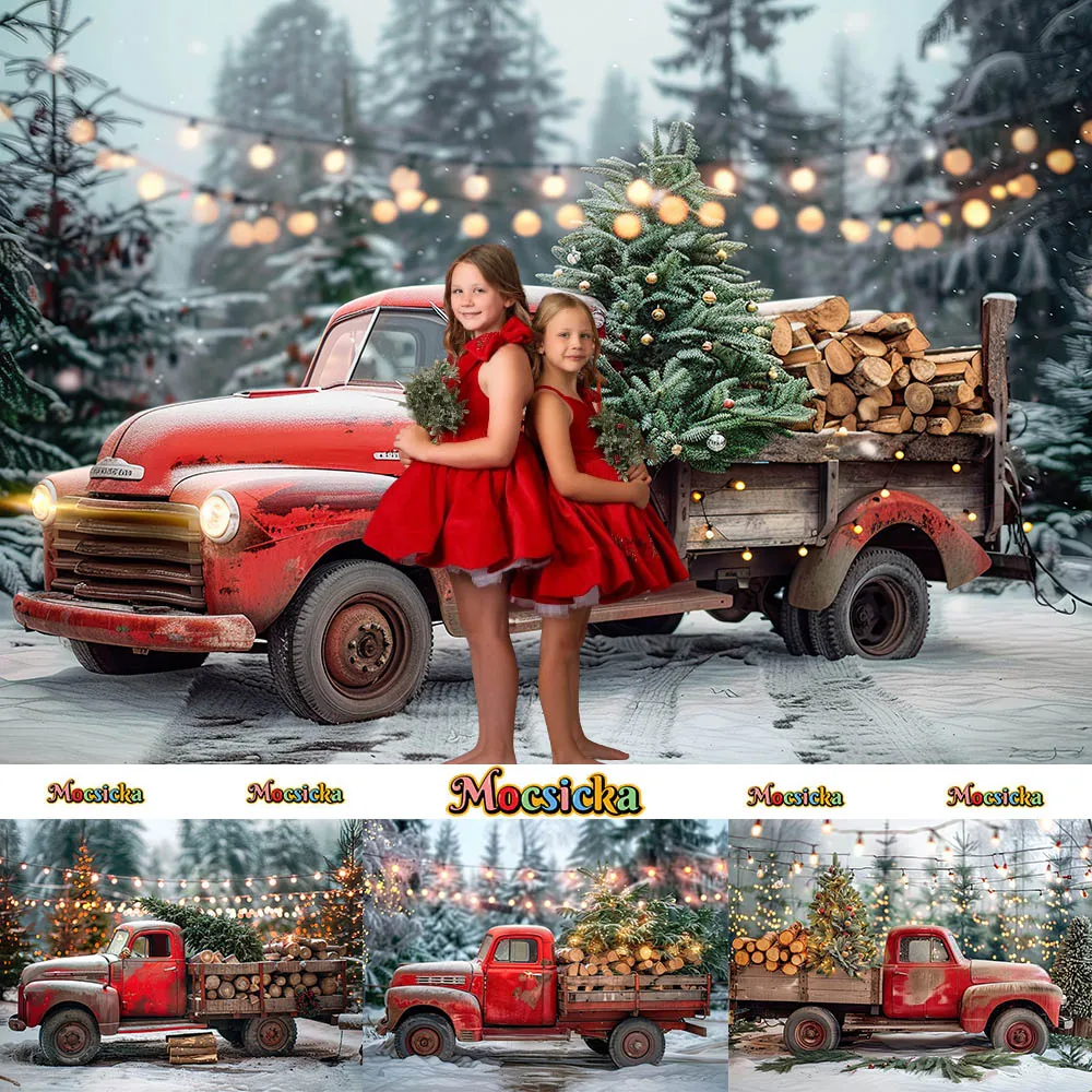 

Mocsicka Photography Background Red Truck Winter Snow Christmas Tree Backdrop Decorate Kids Portrait Photo Studio Props Banner