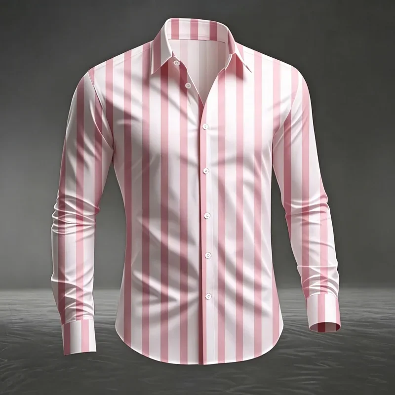 2026  Men's Vertical Stripe Print Long Sleeve Shirt Fashion Slim Fit Button Down Casual Business Blouse Tops