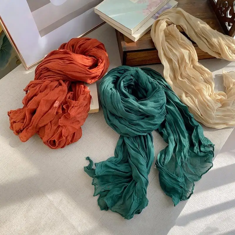 

Winter Autumn Women Scarf Solid Color Pleated Long Scarf Vintage Style Unisex Scarf Warm Neck Warmer Retro Inspired Scarves