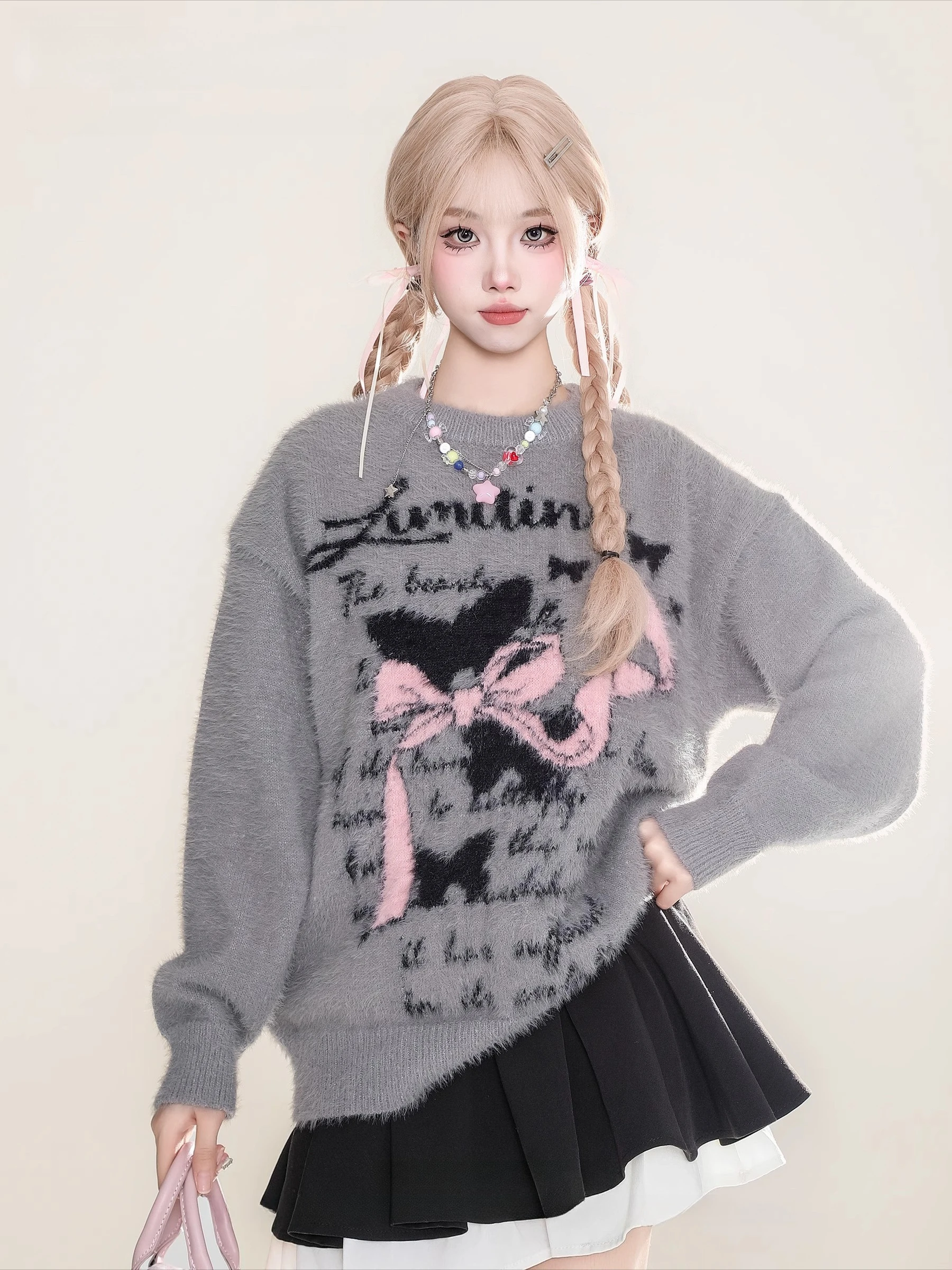 Autumn Winter Woman Korean Fashion Cute Pullover Sweet 2000s Sweater Elegant Oversize Knitwears Designer Aesthetic Chic Female