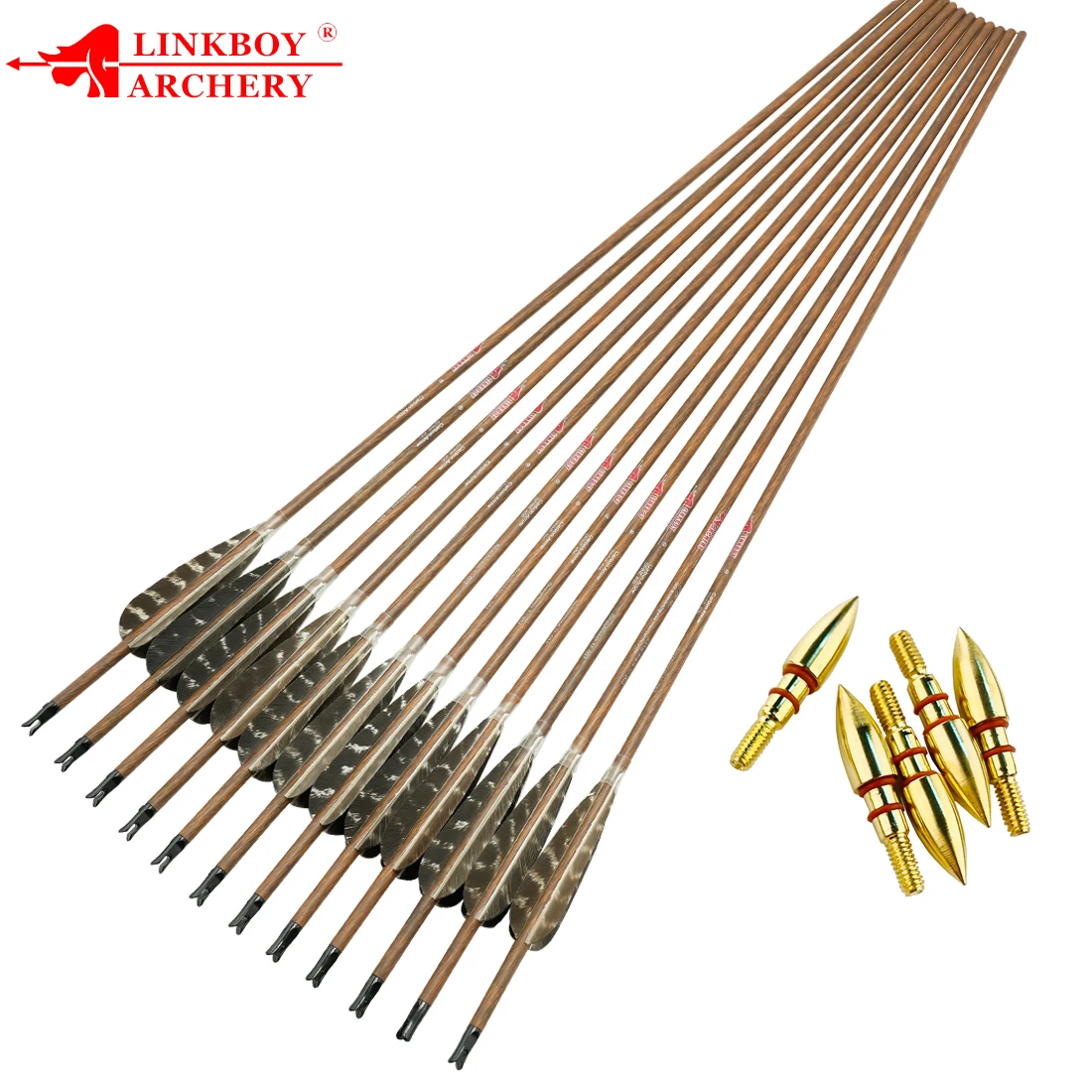 

Linkboy-Pure Carbon Archery Arrows, Wood Skin Arrows, Turkey Feather, Compound Bow, Y Nock Hunting, 6PCs, ID6.2mm