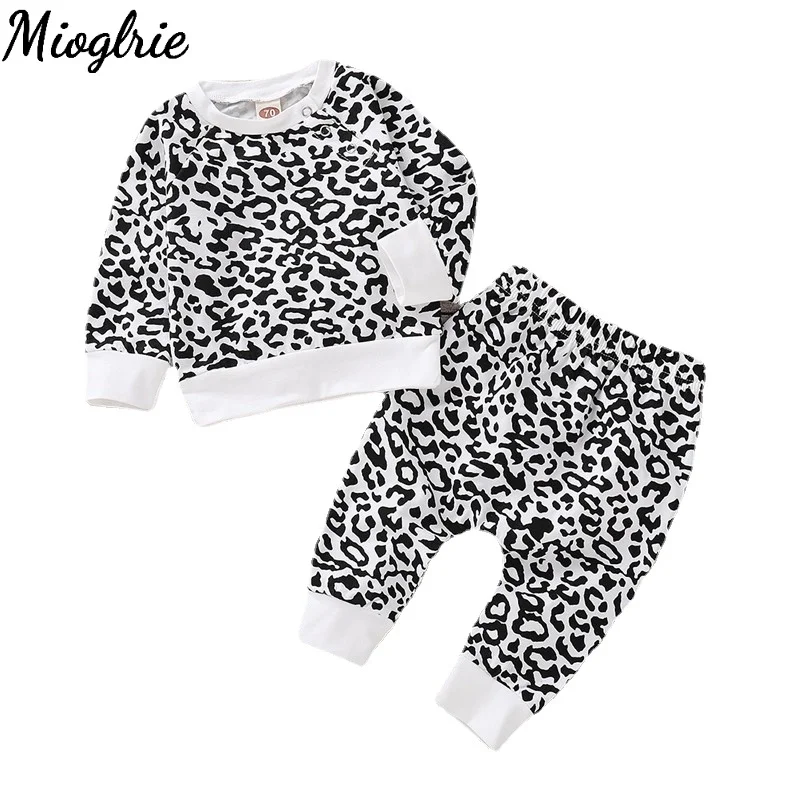 0-18M Newborn Baby 2PCS Set Newborn Baby Boy Suit Snow Leopard Print Long Sleeve Shirt + Pants Unisex Toddler Baby Sport Outfit