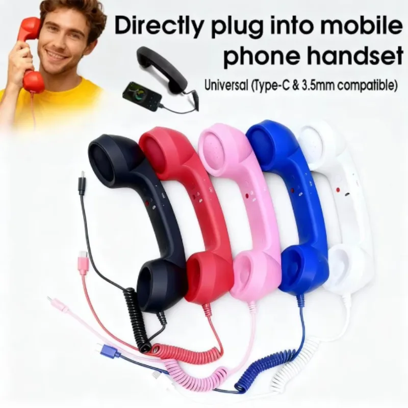

Retro Phone Handset Type-C & 3.5mm Telephone Head Set Portable Vintage Phone Headset for Cell Mobile Video Conferences Practical