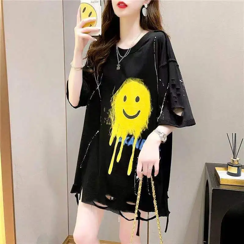 

Summer 2022 New Fashion Ripped Short-sleeved T-shirt Women's Mid-length Loose Top T-shirt Sweatshirt