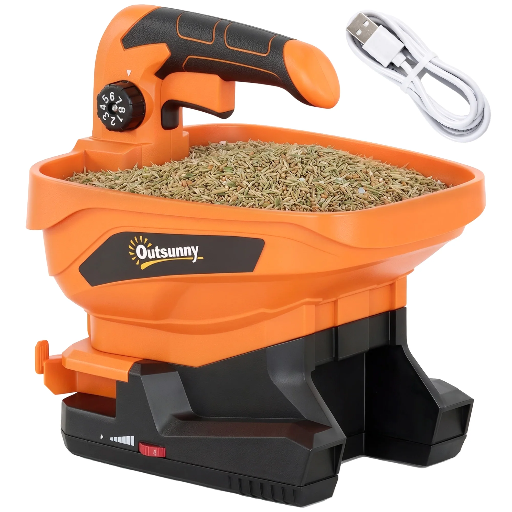 Outsunny Draagbare Strooier 3,3 L, 8 stroomstanden, verstelbare projectiebreedte 3 standen, USB-poort, zaadstrooier voor gazon, zout, grind tot 800 m², oranje