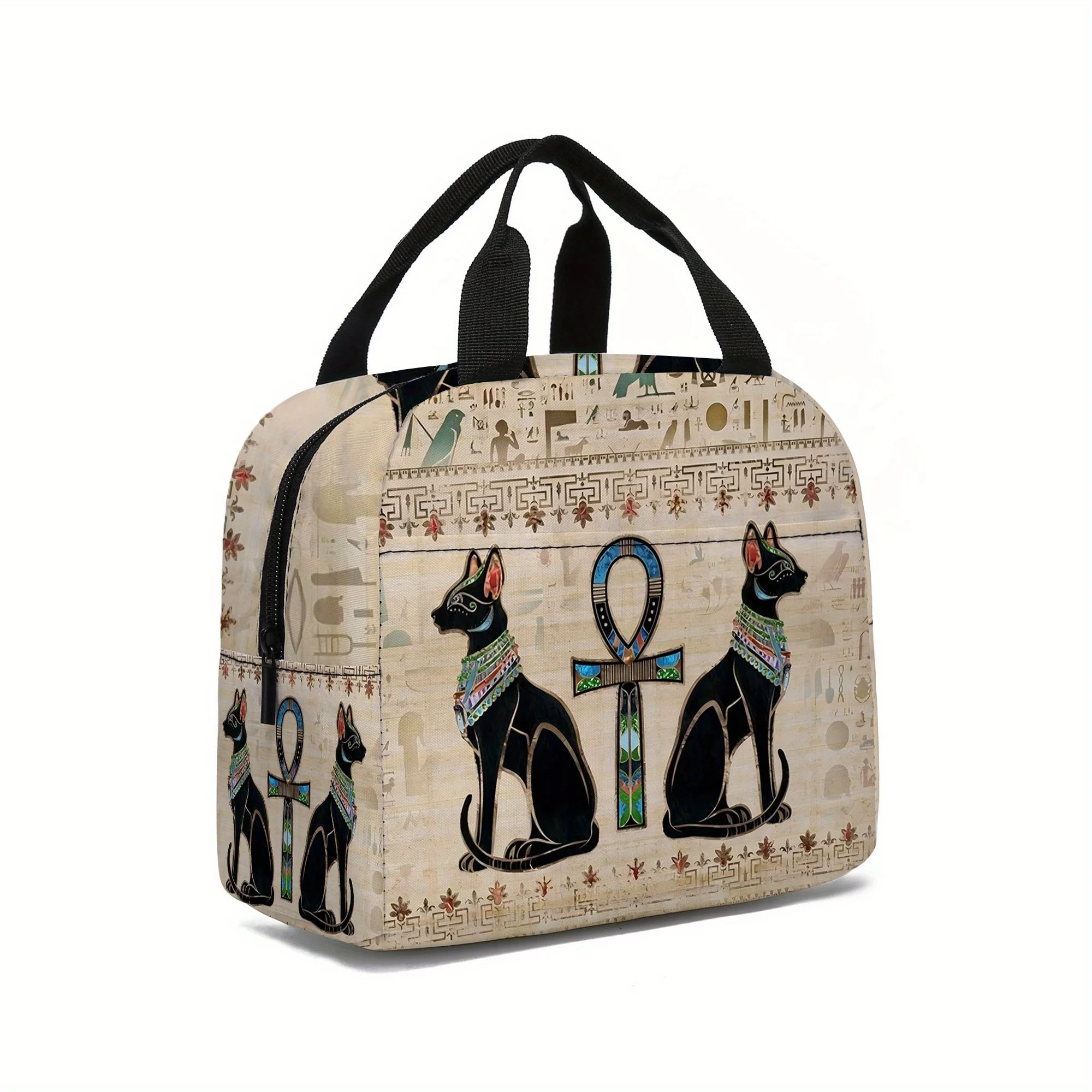 

Vintage Egyptian Cat Pattern Insulated Tote Bag - Multi-Functional Lunch & Ice Bag for Work, Travel, Picnic