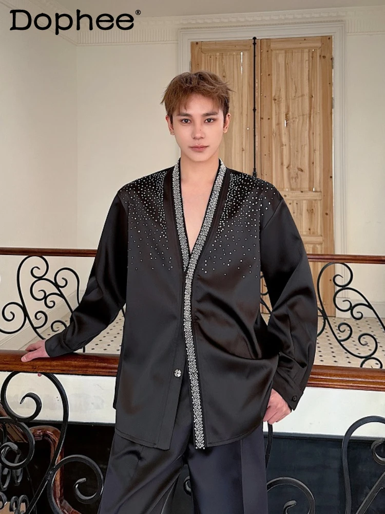 

Men's 2025 Spring New Light Luxury High-end Chic Top Bling Bling Diamonds Long-sleeve Solid Color Shirts Noble Temperament Shirt