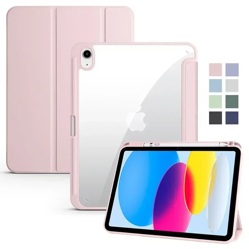 

For iPad 10th Gen Case with Pen Holder Trifold Acrylic Clear Back Hard Cover For iPad 10.2 9.7 Air 5 11 iPad 10 9 11th A16 Case