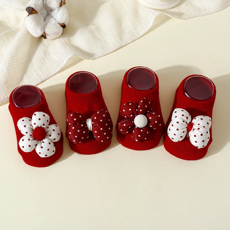 New Year Red Baby Socks 3D Flower Bow Toddler Boat Socks Rubber Newborn Anti-slip Floor Sock 0-12M Kids Solid Cotton Short Sock
