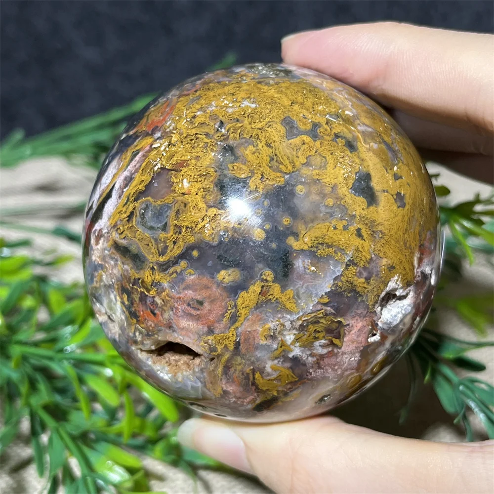 Ocean Jasper Sphere Ball Stone Quartz Crystal Natural Druzy Carved Mineral Energym Healing Reiki Geode Home Decoration+Stand
