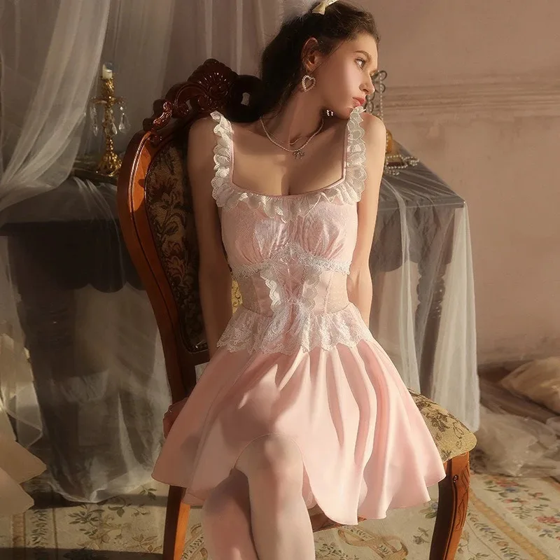 

Sexy Strap Nightgown Sleep Dress Lace Nightdress Women Satin Sleepwear Lingerie Summer Female Nightwear Morning Gown Loungewear