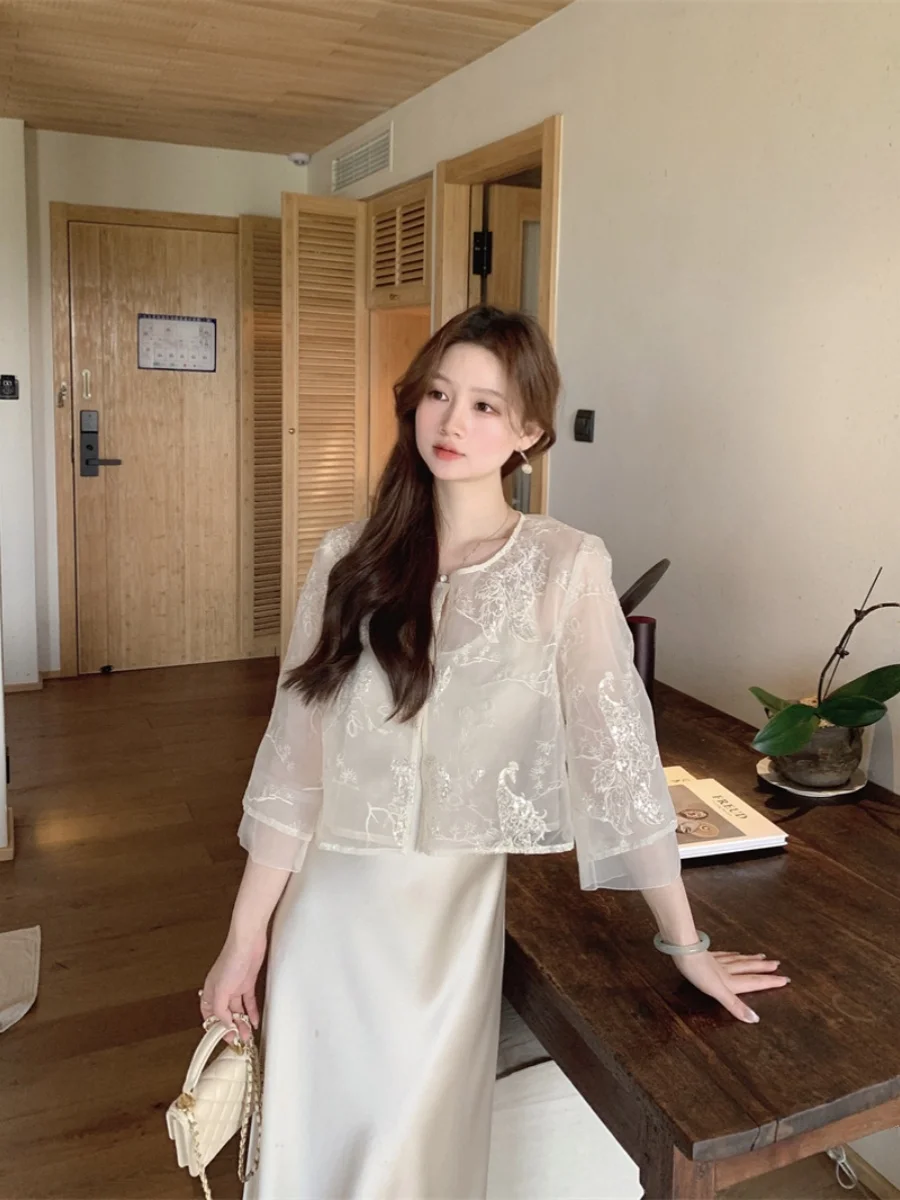 

Легкий китайский летний кардиган-накидка для женщин, кружевной, из шелкового материала, модный повседневный топ