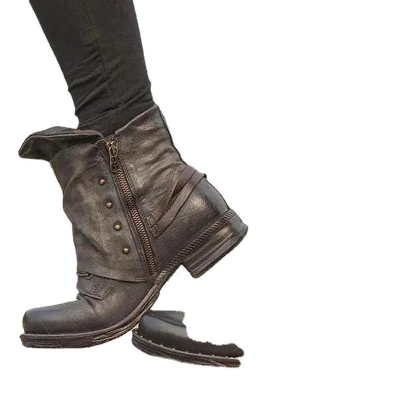 Women's Casual Short Boots Autumn Winter Retro Fashion Rivet Belt Buckle Side Zipper Leather Boots Plus Size 42 43 Women Shoes - view 5