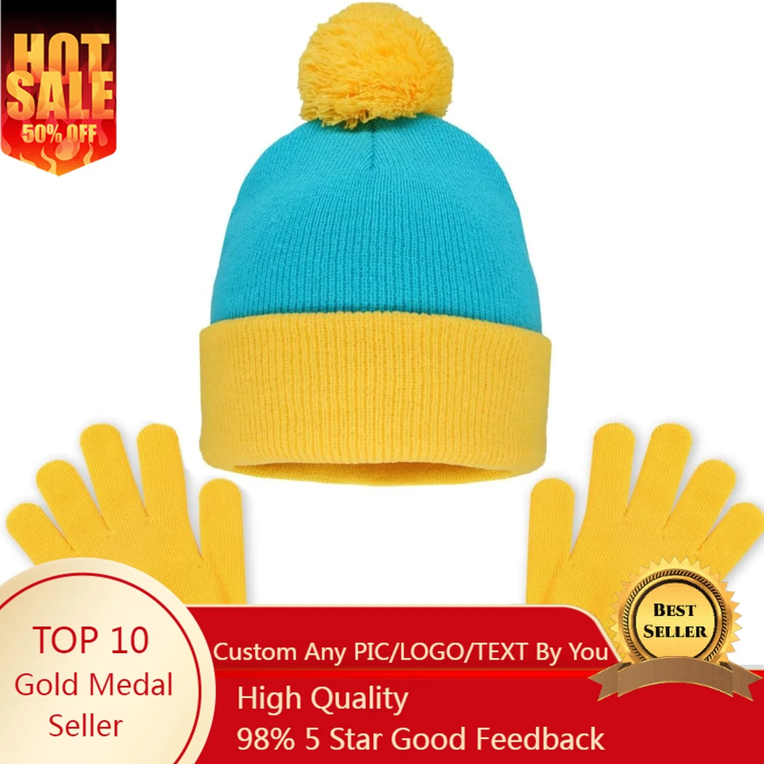 

Ausejopeac Halloween Character Cosplay Hat and Gloves,Knit Pom Beanie Hat Halloween Custume Winter Hat Set for Adult