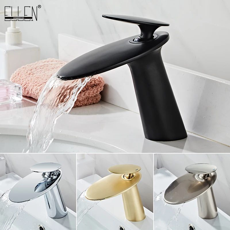 

ELLEN Black Faucet Bathroom Sink Faucets Hot Cold Water Mixer Crane Deck Mounted Single Hole Bath Tap Chrome Finished ELM459